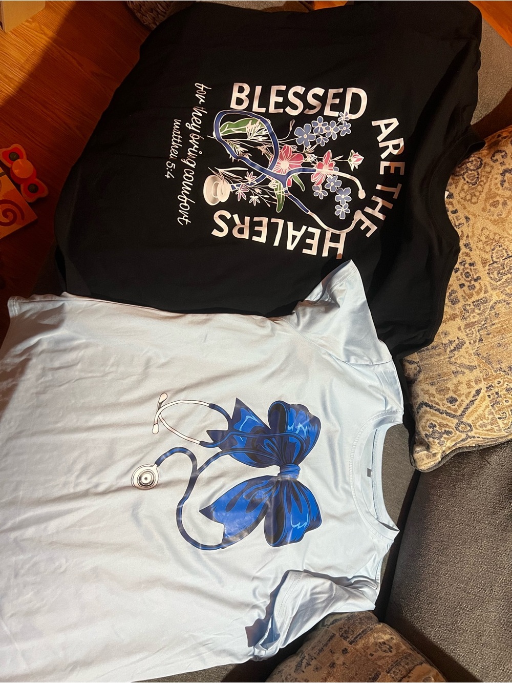 Source Unknown Light Blue Tee with Blue Bow and Stethoscope Graphic